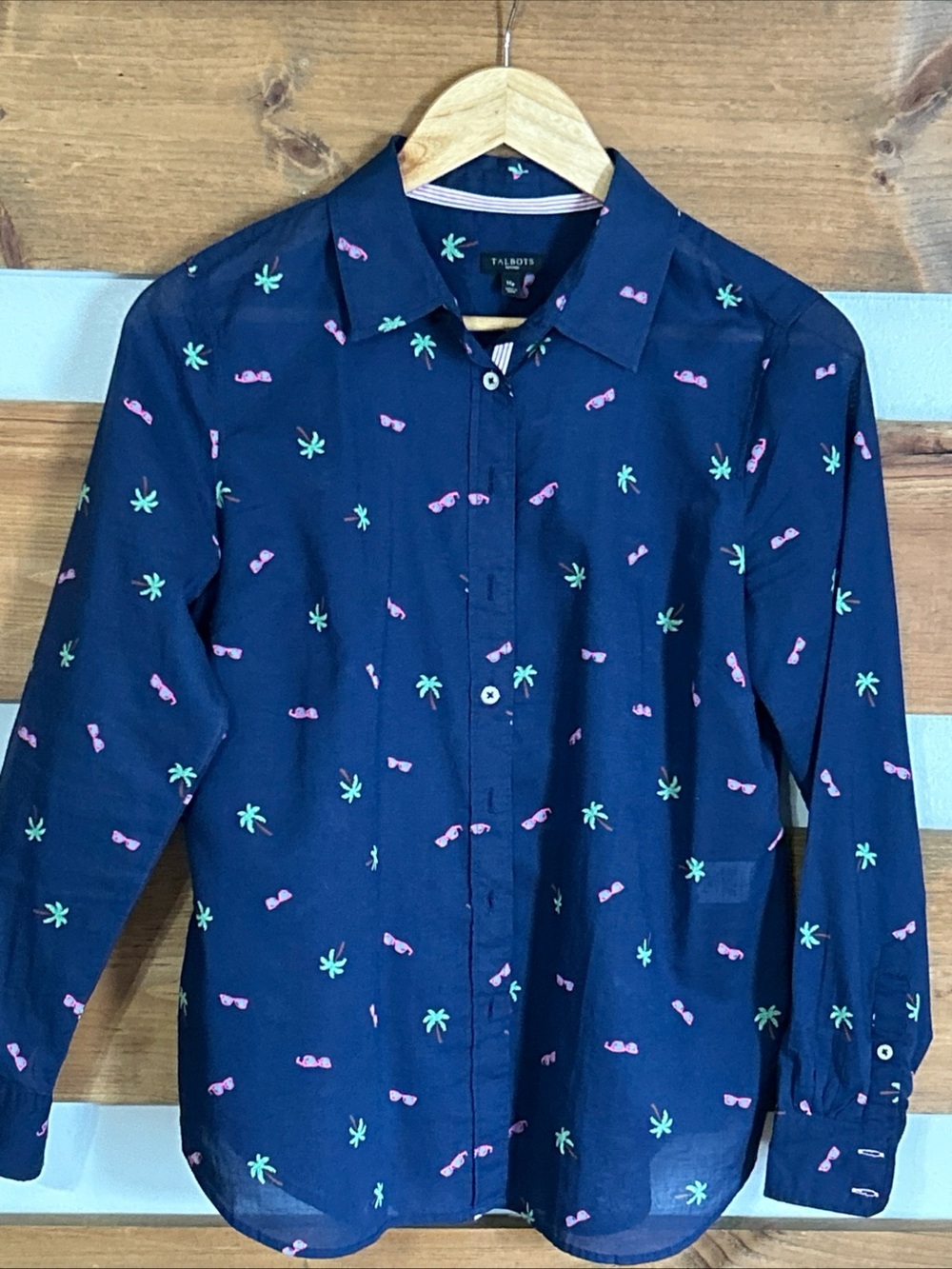 Talbots Navy Summer Glasses Palm Tree Button Down Collared Shirt Women's Size MP